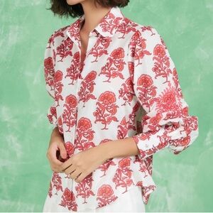 Ro's Garden Norway Shirt in Bally Pink Block Print Embroidered Sleeves Medium